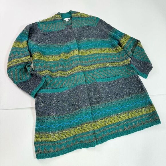 J Jill Sweater Jacket Long Womens 2X Duster Wool Blend Cozy Boho Crochet Green - Picture 1 of 10